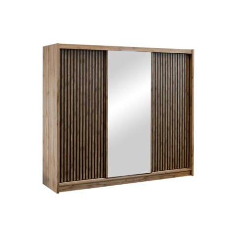 Vente-unique-Kleiderschrank mit Spiegel - 3 Schiebetüren - B 250 cm - Farbe: Holzfarben & Schwarz - CALOWI