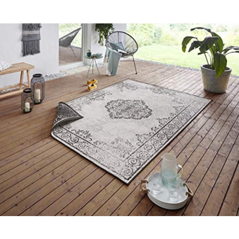 NORTHRUGS In- und Outdoor Teppich Cebu 200x290cm - Wendeteppich Wetterfest Orientalisches Vintage Design Läufer für Balkon Terrasse Garten Wintergarten Wohnzimmerteppich Wasserfest in Schwarz Creme