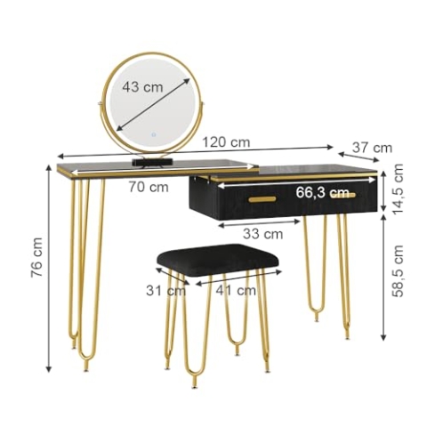 Vicco Schminktisch Zoey, Schwarz Hochglanz, 120 cm mit LED Spiegel und Hocker