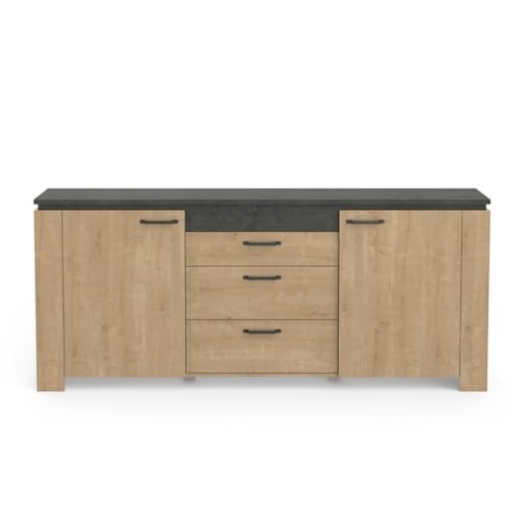 CaliCosy Buffet 2 Portes et 3 Tiroirs- Décor Chêne et Gris Anthracite- Fabrication Française- Style Contemporain- Pour Salon- L203,80 cm x l42 cm x 87,8 cm