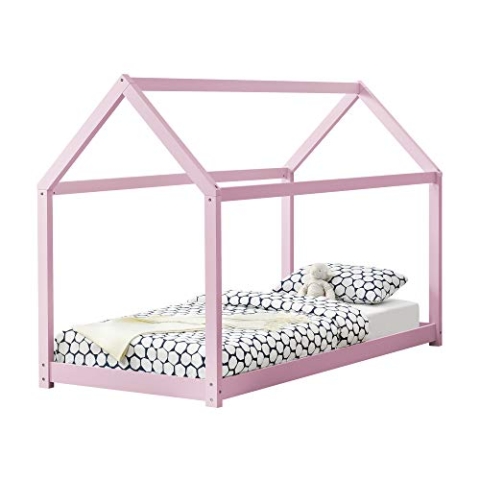 [en.casa] Kinderbett Netstal 90x200cm Rosa Haus Holz Natur Bettenhaus Hausbett Kinderzimmer Bett Kinder Kiefernholz