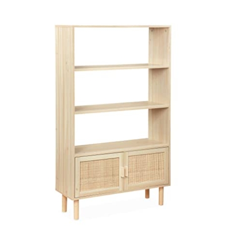 Bücherregal mit Holz- und Rohrgeflecht - Camargue - 3 Ebenen, 2 Türen