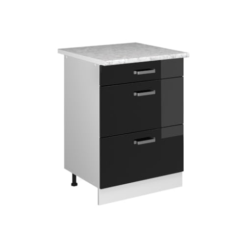 Vicco Küchenunterschrank R-Line, Schwarz Hochglanz/Weiß, 60 cm mit Schubladen, AP Marmor