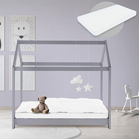 ML-Design Kinderbett 70x140 cm Hellgrau mit Matratze, Dach und Lattenrost, Hausbett für Mädchen & Jungen, Kinderhaus aus Kiefernholz, Stabiles Jugendbett, Massivholz Kinder Bett, Bettenhaus Spielbett