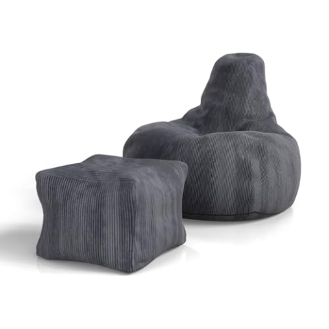 Juskys Sitzsack Chillex L mit Hocker - Cord Sessel für Erwachsene - Füllung Memoryschaumstoff - Gaming & Lesesessel bequem - Bean Bag - Dunkelgrau