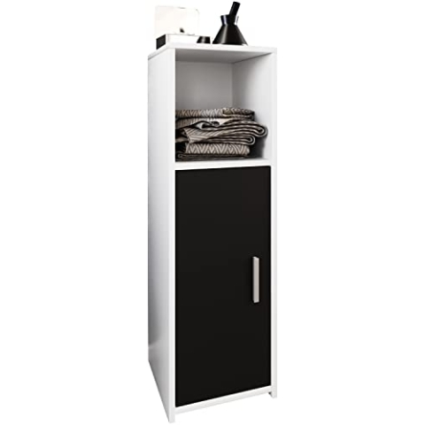 VCM Holz Midischrank Maße: H. 95 x B. 30 x T. 30 cm | 1 Drehtür und 1 offenes Fach - Zalo L Weiß/Schwarz
