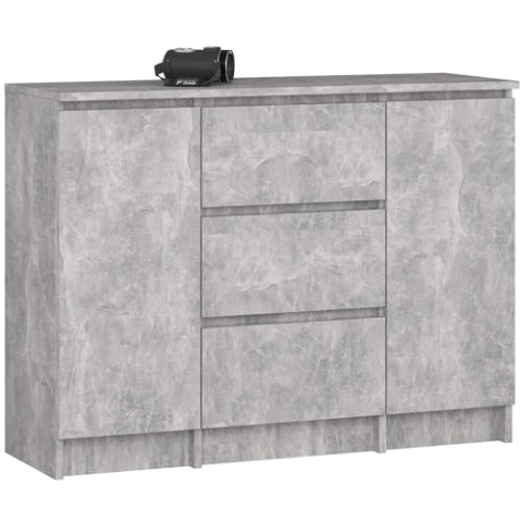 AKORD Kommode K100 mit 3 Schubladen, Schrank mit 2 Tür 4 Regalböden, Für das Wohnzimmer Schlafzimmer, Moderne, 16mm Laminierte Platte, B101xH76xT35 cm, Farbe Beton & Beton