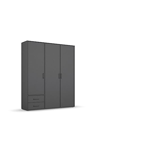 Rauch Möbel Voyager Schrank Kleiderschrank Drehtürenschrank, Grau metallic, Schwarz, 3-türig mit 2 Schubladen, inkl. 1 Kleiderstange, 3 Einlegeböden BxHxT 140x194x53 cm