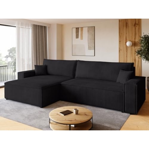 BROMARKT Sofa mit Schlaffunktion Couch L Cordstoff Sofa Bettkasten Schlafsofa für Wohnzimmer Ecksofa freistehend Adi XL Relaxsofa 3 sitzer 272x143x85 cm Schwarz