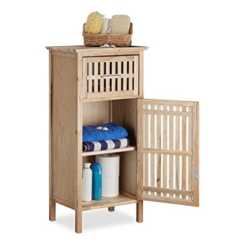 Relaxdays Badschrank Walnuss, platzsparender Nischen Beistellschrank, halbhoher Holzschrank 82 x 40 x 29 cm HxBxT, natur