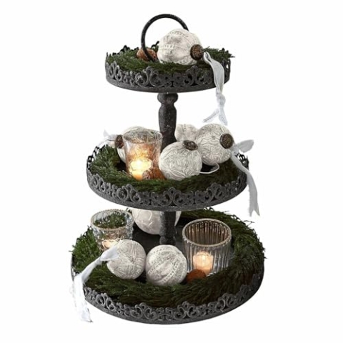 Loberon Etagere Garnette, Mattes & Sandiges Finish, Filigranes Dekor, Ideal für Saisonale Dekoration, Rustikale Eleganz, Präsentationsfläche, Eisen, antikgrau
