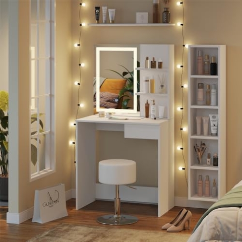 Vicco Schminktisch Dekos, Weiß, 75 cm mit LED-Spiegel, QI-Ladegerät und Hocker