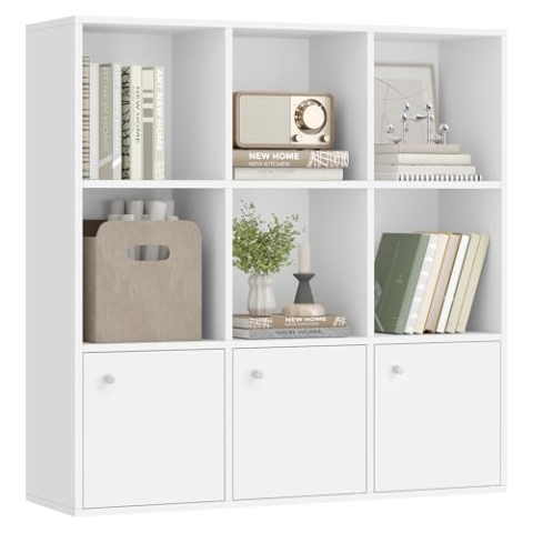 VASAGLE Bücherregal, 3-stöckiges Regal, offenes Aufbewahrungsregal, Standregal, 29 x 97,5 x 97,5 cm, 3 Fächer mit Türen, für Wohnzimmer, Homeoffice, Esszimmer, wolkenweiß LBC33WT