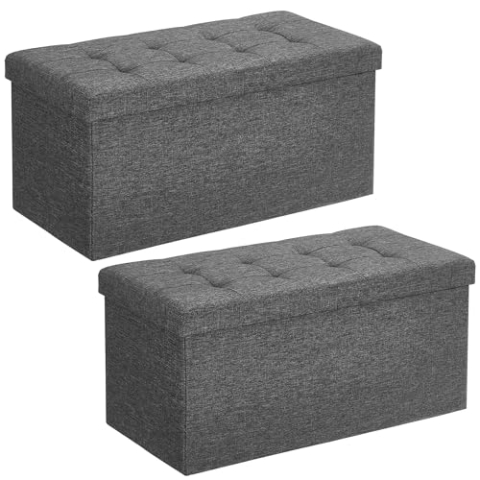 SONGMICS Sitzbank mit Stauraum, 2er Set, Sitztruhe mit Klappdeckel, Aufbewahrungsbox, faltbar, max. statische Belastbarkeit 300 kg, 80 L, 38 x 76 x 38 cm, Leinenimitat, dunkelgrau LSF423G02