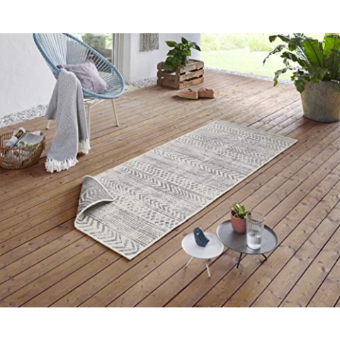 NORTHRUGS In- und Outdoor Teppich Biri 80x350cm - Wendeteppich Wetterfest Boho Style Vintage Design Läufer für Balkon Terrasse Garten Wintergarten Wohnzimmerteppich Wasserfest in Grau Creme