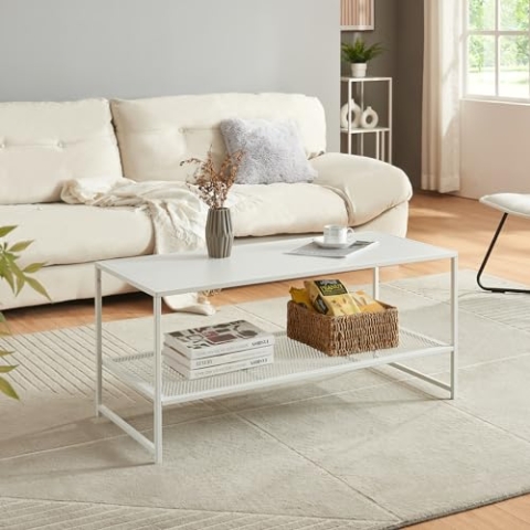 [en.casa] Couchtisch Ruokolahti mit Gitterablage Sofatisch im Industrie Design Wohnzimmertisch Kaffeetisch mit Stahlgestell 102 x 43 x 46 cm Weiß