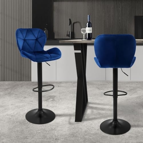 ML-Design Barhocker 2er Set, Bezug aus Samt, Blau, Gepolsterter Barstuhl mit Rückenlehne und Fußstütze, Tresenhocker höhenverstellbar 59-79 cm, 360° drehbar, Bistrohocker Hocker Drehstuhl Barstühle