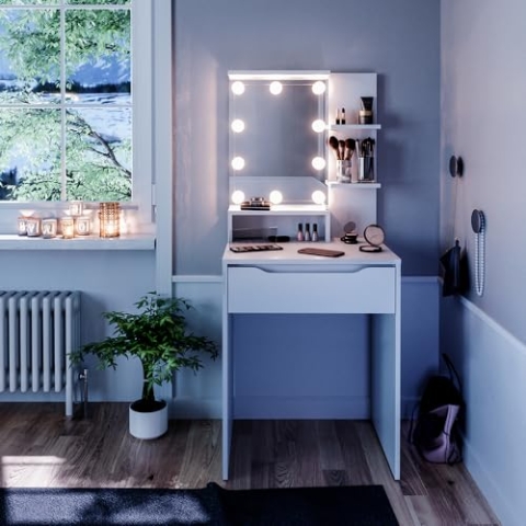 Vicco Schminktisch Ruben, Kosmetiktisch mit Spiegel, Weiß, 60 cm mit LED Beleuchtung