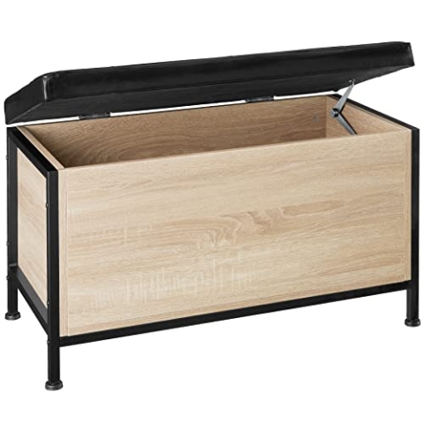 tectake Sitztruhe mit Stauraum, gepolsterte Sitzbank, Industrie-Look, Polsterung aus Kunstleder, 81,5 x 41,5 x 50,5 cm, Vintage Schuhbank, schwarzes Metallgestell (Industrial Holz hell, Eiche Sonoma)
