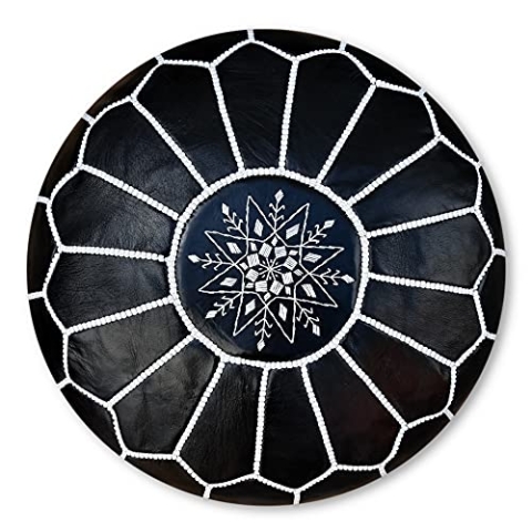 Poufs&Pillows Premium Echt Leder Pouf - Handgefertigt - gefüllt geliefert - Ottoman Sitzsack Fußhocker (Schwarz)