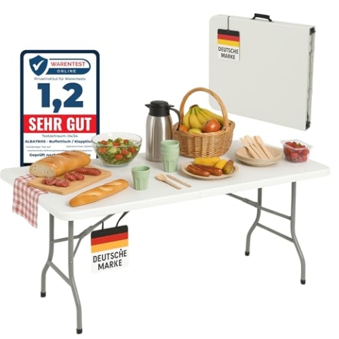 Albatros Buffettisch Klapptisch weiß – 182x75cm, robuste Konstruktion klappbar und hohe Tragkraft –für bis zu 10 Personen – Tisch für Bierzelt mit Tragegriff