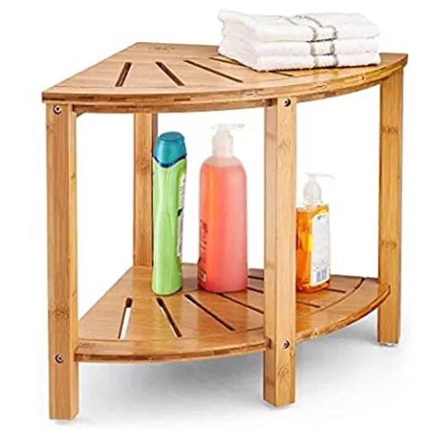 BAKAJI Badezimmer-Eckhocker aus Holz Duschtisch Mehrzweck-Eckregal mit Doppelablage Handtuchhalter Modernes Design Couchtisch 40 x 40 x 43 cm Naturfarbe