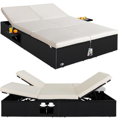 Casaria® Sonnenliege 2 Personen mit Klapptisch Gartenliege 7cm Auflagen Wetterfest 400kg Belastbar Liegestuhl Verstellbar Schwarz Anthrazit 200x115cm