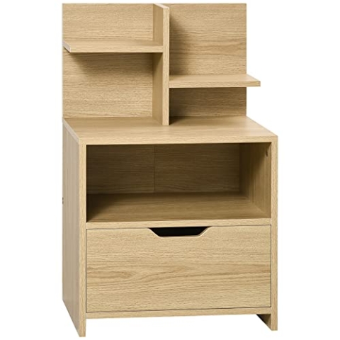 HOMCOM Nachttisch Nachtschrank mit Schublade, Beistelltisch mit Offenem Fach, 2 Regalen, Nachtkommode für Schlafzimmer, Wohnzimmer, Natur, 45 x 35 x 73 cm