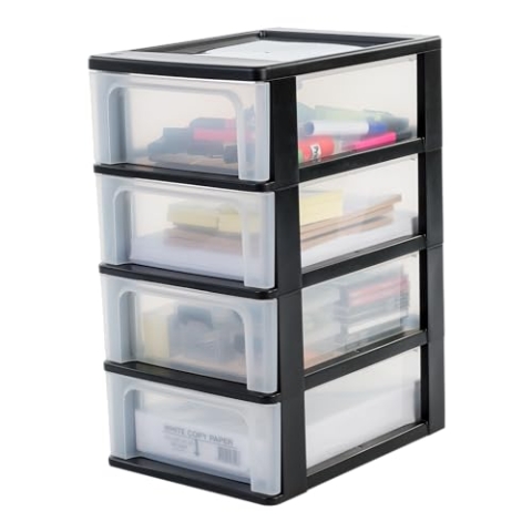 Iris Ohyama, Kunststoff Schubladenbox mit 4 flachen Schubladen, Schwarz, Easy-Pull-System, A4, A5 & A6 Format, Schreibtisch Organizer für Büro, Schule, Schreibwaren, BPA-frei, Schubladenschrank,