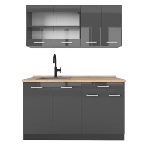 Vicco Küchenzeile R-Line, Anthrazit Hochglanz/Anthrazit, 140 cm, AP Eiche