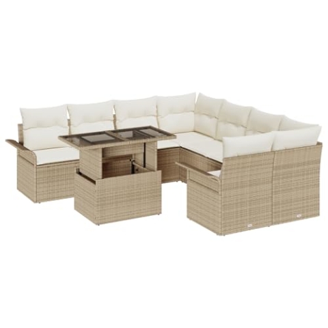 vidaXL 9-teiliges Garten-Sofa-Set mit Kissen und Tisch | Rattan Outdoor-Möbel für 6 Personen wetterfest, modernes Design in Beige und Braun, Sectional Patio, luxuriöse Sitzplätze