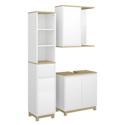 Vicco Badmöbel-Set Livia, Weiß/Eiche, 3 Teile, mit Hochschrank