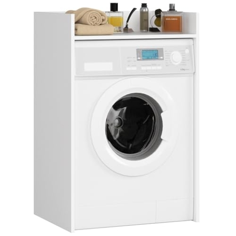 AKORD Waschmaschinenschrank 64cm geeignet für Waschmaschine & Wäschetrockner, Waschmaschinenschrank 64cm Überbauschrank, Badezimmermöbel Größe 64x98x50 cm, Weiß & Weiß