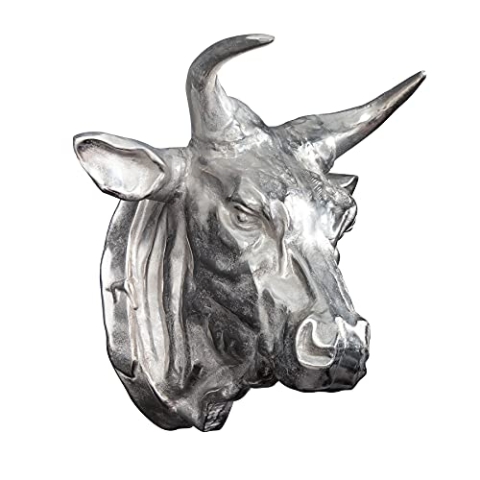 invicta INTERIOR Extravagante Stierkopf Wanddekoration TORERO 65cm Silber Deko Schädel aus Aluminium Wanddekoration Accessoire