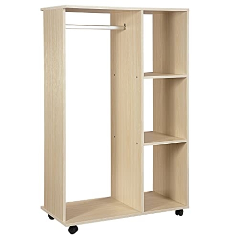 HOMCOM Kleiderschrank auf Rollen, Mobile Garderobe, 1 Kleiderstange, 3 Regale, Garderobenschrank für Flur, Schlafzimmer, 80 x 40 x 128 cm, Natur