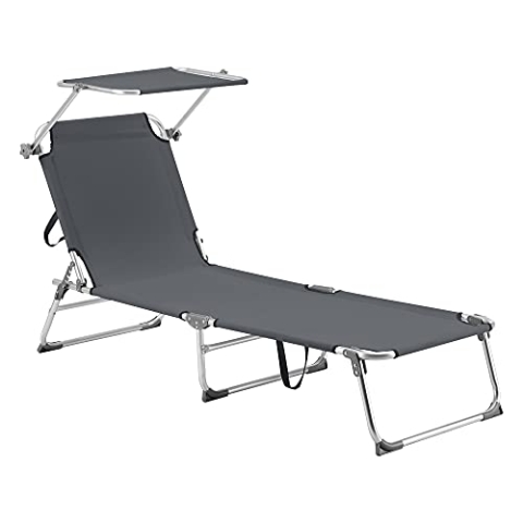 [en.casa] Sonnenliege mit Dach Legorreta Liegestuhl klappbar Strandliege Aluminiumgestell bis 115 kg Gartenliege mit Rückenlehne verstellbar Dunkelgrau
