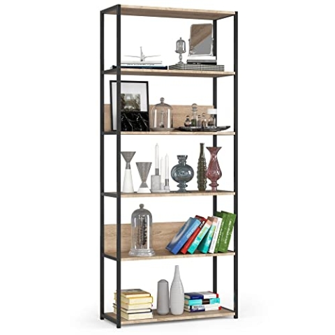 AKORD Industrielles Regal 80 cm | | Loft Bücherregal | Moderner Schrank | Bücher Regal | 6 Einlegeböden | Funktional Stabil | B80 x H192 x T32 cm | Gewicht 27,00 kg | Schwarz/Sonoma Eiche