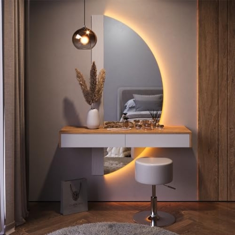 Vicco Schminktisch Melisa, Eiche/Weiß, 120 cm mit LED Beleuchtung und Hocker