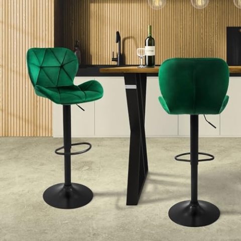 ML-Design Barhocker 2er Set, Bezug aus Samt, Grün, Gepolsterter Barstuhl mit Rückenlehne und Fußstütze, Tresenhocker höhenverstellbar 59-79 cm, 360° drehbar, Bistrohocker Hocker Drehstuhl Barstühle