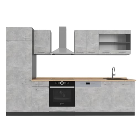 Vicco Küchenzeile R-Line, Küchenblock, Beton/Anthrazit, 300 cm ohne Arbeitsplatte
