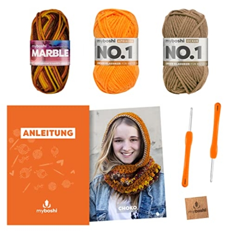 myboshi Häkelset Kapuzenschal Choko, inkl. Marble und No.1 Wolle, Nadel und Anleitung, für Boloop, 30% Merinowolle Orange mit Häkelnadel
