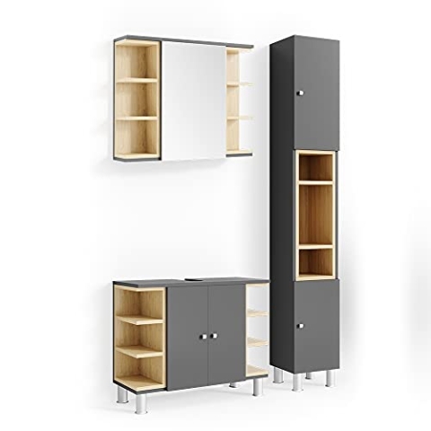Vicco Badmöbel-Set Aquis, Badezimmerschrank-Set, Anthrazit/Sonoma, 3 Teile, mit Hochschrank