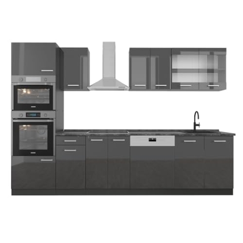 Vicco Küchenzeile R-Line, Anthrazit Hochglanz/Anthrazit, 300 cm mit Hochschrank, AP Anthrazit
