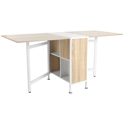 HOMCOM Klapptisch Beistelltische Esstisch Ablagefläche für Wohnzimmer Küche Eiche Holz Metallrahmen Natur+Weiß 169 x 60 x 75 cm