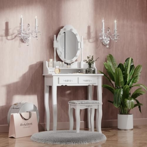 Vicco Schminktisch Maggie, Kosmetiktisch mit Spiegel, Weiß, 75 cm mit LED Beleuchtung und Hocker