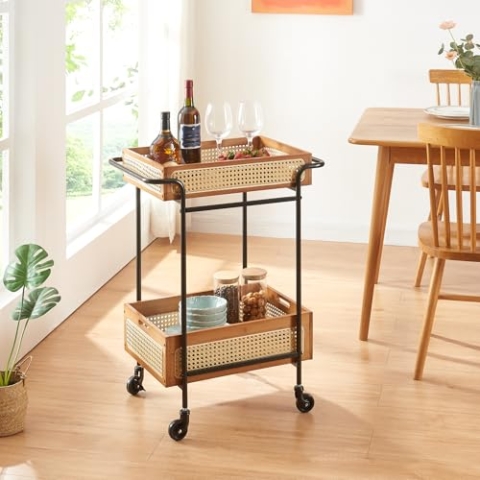 [en.casa] Servierwagen Tervola Rollwagen mit 2 Körben Küchenwagen Bambus mit Metallrahmen Küchenrollwagen 81 x 61 x 39 cm Beistellwagen für Badezimmer in Rattanoptik