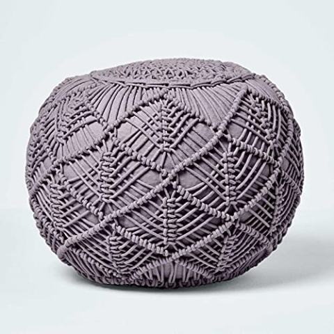 Homescapes Häkel-Pouf, grau, flaches Bodenkissen 40 x 50 cm in Boho Style, bequemer Fußhocker in Makramee-Optik, gehäkelter Puff aus 100% Baumwolle, Häkelpuff/Strickhocker
