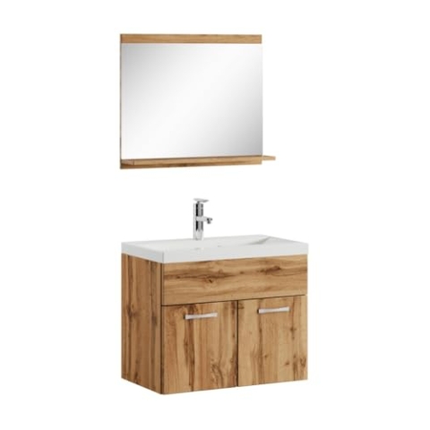 Badplaats B.V. Badezimmer Badmöbel Set Montreal 02 60cm Waschbecken Eiche - Unterschrank Waschtisch Spiegel Möbel