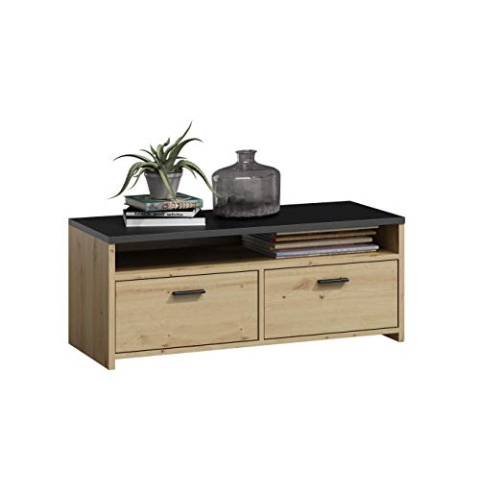 MATKAM Fernsehkommode Mili H44xB100xT45cm, laminierte Möbelplatte 18 mm, EIN offenes Regalfach, darunter 2 Ablagen mit Türen Links und rechts, Metallscharniere, satinierte Griffe (Artisan Eiche)