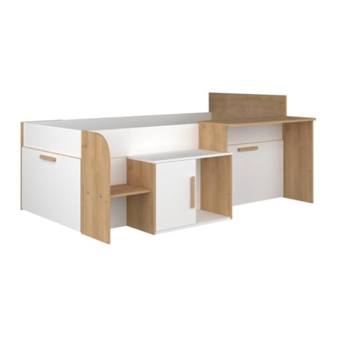 Vente-unique-Kombibett 90 x 200 cm mit Schreibtisch und Stauraum - Weiß und Naturfarben - Pedro